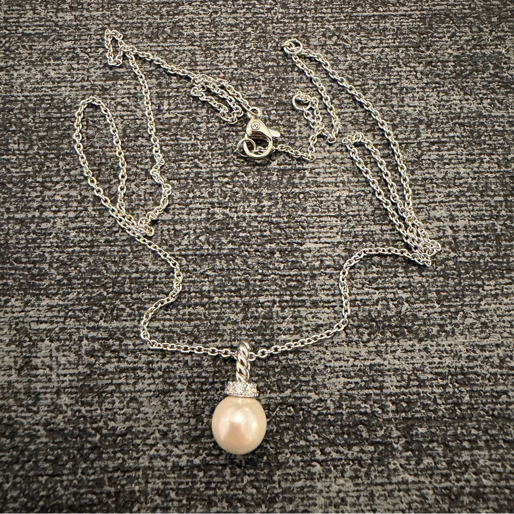 David Yurman 925 Sterling 750 18k Gold Diamond Pearl Womens Necklace Adjustable
